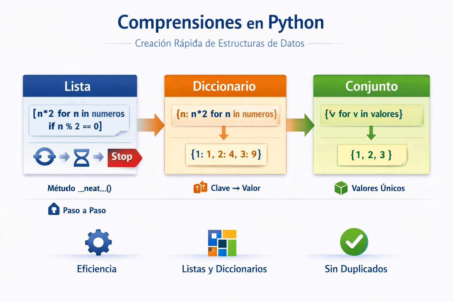 Comprensiones en Python: crea listas, diccionarios y conjuntos en una sola línea